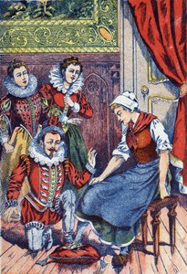 Aschenputtel probiert den Schuh an. Anonyme Illustration für „Aschenputtel“, Märchen von Charles Perrault (1628-1703), französischer Schriftsteller. Bildmaterial Marcel Vagne, Jarville Nancy, undatiert (spätes 19. Jahrhundert)