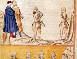 Kreis der Diebe: Vanni Fucci prophezeit Dante und Virgil die Niederlage der Weißen Guelfen. Illustrierte Seite aus dem 24. Gesang der Hölle aus der „Göttlichen Komödie“ von Dante Alighieri von Unknown artist