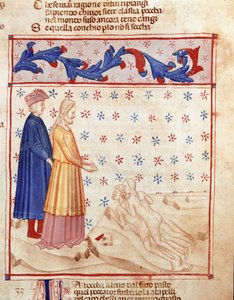 Kreis der Verräter: Dante und Virgil treffen Ugolino della Gherardesca, Tyrann von Pisa, der wegen Verrats an der Heimat verurteilt wurde. Illustrierte Seite des 33. Gesangs der Hölle aus der „Divina Commedia“
