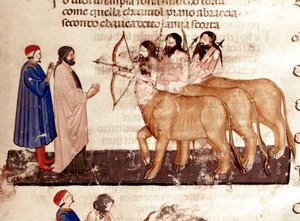 Kreis der Gewalttätigen: Dante und Virgil treffen Zentauren mit Bögen und Pfeilen. Illustrierte Seite des 7. Gesangs der Hölle aus der „Divina Commedia“ von Dante Alighieri (1265-1321). 14. Jahrhundert, Venedig, Biblioteca Marciana von Unknown artist