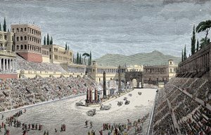 Circus Maximus - Der große Zirkus oder Circus Maximus in Rom, mit einem Wagenrennen - Farbige Gravur