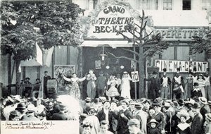 Zirkusvorstellung vor dem Grand Theatre Becker in Paris im Jahr 1906