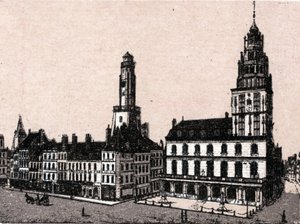 Stadt Calais: alter Leuchtturm und Rathaus