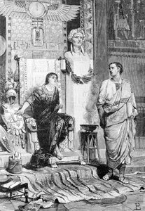 Kleopatra (69 v. Chr. - 30 v. Chr.), Königin von Ägypten und Oktavian, kam nach der Niederlage von Actium und dem Tod von Marcus Antonius zu ihr, um mit ihr zu sprechen. Gravur des 19. Jahrhunderts. Storia d