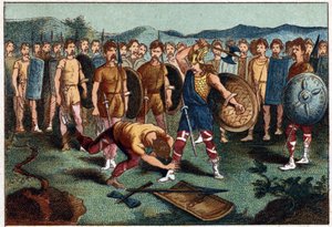 Clovis (465-511) und der fränkische Krieger, der 486 die Vase von Soissons zerbrach - Clovis I. erschießt den Soldaten, der die Vase von Soissons zerbrochen hatte, 486. Chromolithographie aus dem 19. Jahrhundert