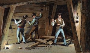 Kohlebergwerk in Frankreich Ende des 19. Jahrhunderts: Holzgalerie. Chromolithografie des späten 19. Jahrhunderts von Unknown artist