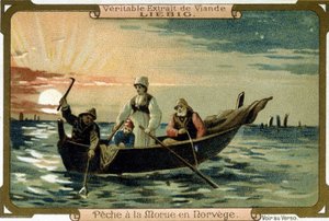 Dorschfischerei in Norwegen. Verpackung von Liebig-Produkten von Unknown artist