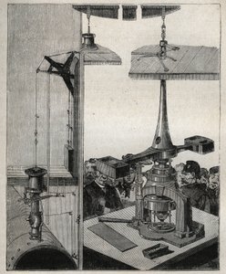 Münze: Die Dampfwaage der Londoner Münze. Gravur von 1885 in „Les arts et métiers illustrés“ von Adolphe Bitard. von Unknown artist