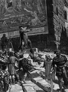 Cola di Rienzo (1314-1354), in der Kampagne, um Tribun des römischen Volkes zu werden, erklärt dem Volk von Rom die Fresken, die er im Kapitol installiert hatte, die das Leiden Roms in einem entfesselten Meer umgeben von Troja, Jerusalem, Karthago und Ba von Unknown artist