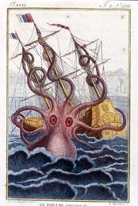 Kolossaler Oktopus (Riesenkrake) greift ein Schiff an - Gravur aus dem Buch von Pierre Denys-Montfort „Histoire naturelle des mollusques“, Originalausgabe von 1802