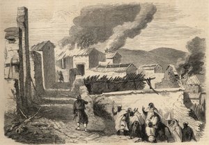 Eroberung Algeriens: Expedition nach Groß-Kabylien im Jahr 1857. Unterwerfung der Beni-Yenni nach einer Zeichnung von Herrn Ameller, Bataillonsführer des 1. Zouaven. Gravur in „Le Monde illustrious“ von 1857. Private Sammlung.
