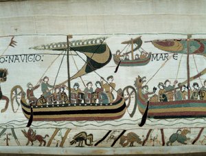 Eroberung Englands durch Wilhelm den Eroberer (1027-1087) im Jahr 1066: Die normannischen Flotten steuern auf England zu. Detail des Teppichs von Bayeux oder der Stickerei von Königin Mathilde von Unknown artist