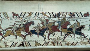 Eroberung Englands durch den Herzog der Normandie Wilhelm den Eroberer im Jahr 1066: die normannische Kavallerie greift in der Schlacht von Hastings an. Detail des Teppichs von Bayeux von Unknown artist