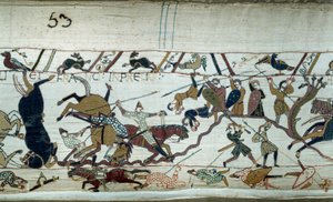 Eroberung Englands durch den Herzog der Normandie Wilhelm den Eroberer (1027-1087) im Jahr 1066: Die Schlacht von Hastings (Detail des Teppichs von Bayeux oder der Stickerei von Königin Mathilde)