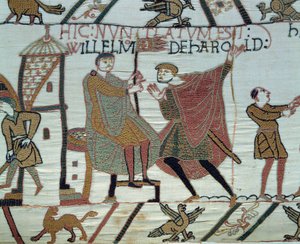 Eroberung Englands durch den Herzog der Normandie Wilhelm den Eroberer (1027-1087) im Jahr 1066: Ein Späher berichtet Wilhelm von den Taten Harolds II bei der Schlacht von Hastings (Detail des Teppichs von Bayeux)