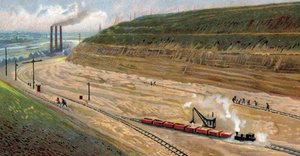Bau des Albertkanals in den 1930er Jahren, der den Hafen von Lüttich mit dem Hafen von Antwerpen verbindet, Belgien, Chromolithographie von Unknown Artist