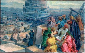 Bau des Turms von Babel. Chromolithographie aus dem späten 19. Jahrhundert. von Unknown artist