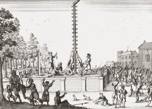 Leichen von Johan und Cornelis de Witt hängen am Galgen.