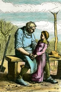Cosette und Jean Valjean. Illustration für den Roman „Les Misérables“ von Victor Hugo (1802-1885) Gravur von 1865 Private Sammlung von Unknown artist
