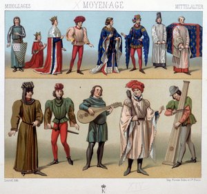 Kostüme und Musiker im Mittelalter vom 13. bis 15. Jahrhundert. In „The historical costume“ von A. Racquet
