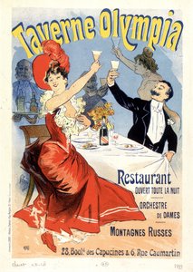 Paar stößt mit Champagner an - Werbeplakat für die Taverne Olympia, von Jules Chéret, späte 19. Jahrhundert