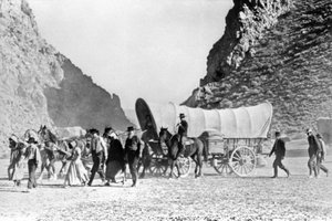 Planwagen und Siedler überqueren den Westen um 1850