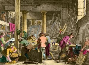 Handwerk: „Werkstatt des Herrn Jadot, Tischler“. Arbeiter bei der Arbeit im 18. Jahrhundert. Gravur des 19. Jahrhunderts. Privatsammlung