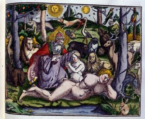 Schöpfung: Gott dargestellt umgeben von Menschen und Tieren (Hund, Kranich, Löwe, Hirsch, Biber, Affe, Einhorn, Wildschwein, Papageien, Kaninchen...), nach Historiae animalium von Konrad Gesner, Tiguri