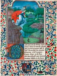 Schöpfung, der siebte Tag: Der Schöpfer fliegt über sein Werk. Landschaft mit Tieren. Miniatur aus dem Stundenbuch der Gräfin von Bretiandos von Unknown artist