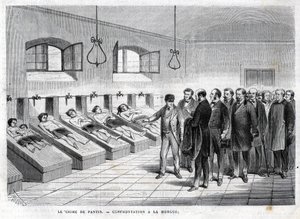 Verbrechen von Pantin im Oktober 1869. Konfrontation in der Leichenhalle. Gravur von 1869 von Unknown artist