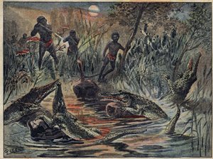 Krokodiljagd im Niger mit einem Kind als Köder. Illustration in „Le Pèlerin“ vom 4. Dezember. von Unknown artist