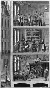 Querschnitt eines Hauses in der Rue Beaubourg in Paris, der die Nutzung der Kraftverteilung zeigt. - Im Zwischengeschoss, Bürstenhersteller; im 1. Stock, Hutmacher; im 2. Stock, Hersteller von Metallrahmen. Unten und links sind die Abwasserrohre und...