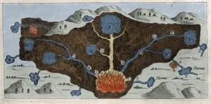 Querschnitt der Erdkruste zur Demonstration des Ursprungs der Thermalquellen von Athanasius Kircher - 17. Jahrhundert