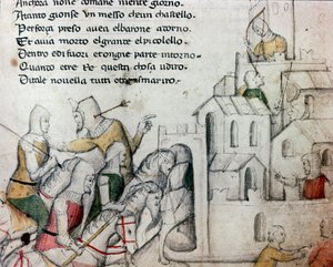 Kreuzritter greifen eine maurische Festung an. Illustration für das toskanische Gedicht „Febusso e Breusso“ Manuskript MS.B.R.45. 15. Jahrhundert Florenz, Nazionale Bibliothek von Unknown artist