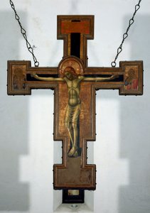 Kreuzigung. Anonyme Holzmalerei auf der Rückseite eines Kreuzes. 15. Jahrhundert Varazze, Cappella del Castello Invrea Italien von Unknown artist