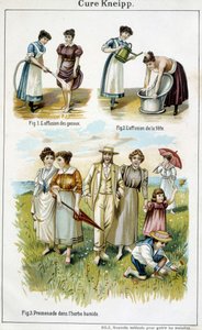 Kneipp-Kur: Knieguss, Kopfguss, Spaziergang im nassen Gras - in „Bilz, Naturheilkunde“, Ende des 19. Jahrhunderts