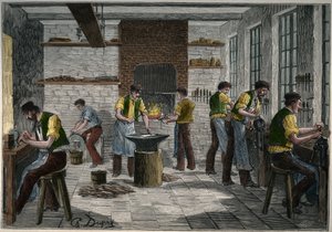 Besteckwerkstatt in Frankreich im 19. Jahrhundert. Gravur von 1885 in „Les arts et métiers illustrés“ von Adolphe Bitard. von Unknown artist