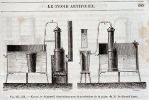 Schneiden der häuslichen Ausrüstung zur Eisproduktion, von Ferdinand Carré - in „Die Wunder der Industrie“ von Louis Figuier, Paris