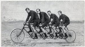 Radfahrer auf einem Fahrrad namens „Quadruplette Gladiator“. Stich in „La Nature“