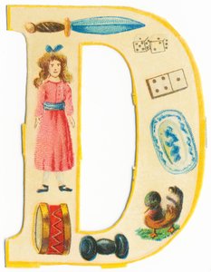 D: Dolch, Puppe, Würfel, Domino, Trommel, Schale, Hantel, Ente von Unknown artist