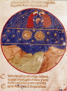 Dante und Beatrice blicken vom Himmel auf die Erde und die Sterne. Illustrierte Seite aus einem Gesang des Paradieses der „Divina Commedia“ von Dante Alighieri (1265-1321). 14. Jahrhundert, Venedig, Biblioteca Marciana