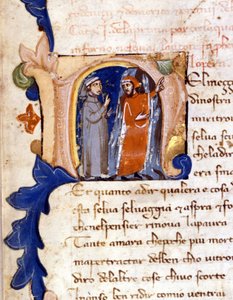 Dante und Virgil am Eingang zur Hölle. (Initiale „N“) Anfang der Hölle einer Divina Commedia (Göttliche Komödie) aus dem 14. Jahrhundert Mailand, Biblioteca Trivulziana. (Nel mezzo del cammin di nostra vita...)
