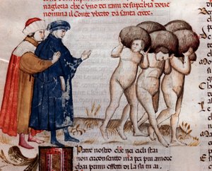 Dante und Virgil betrachten Graf und Umberto Aldobrandeschi Oderisi da Gubbio (Gesang 11 aus dem Fegefeuer, in der Göttlichen Komödie) (Miniatur, 15. Jahrhundert)