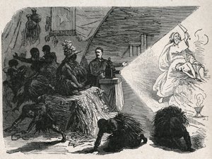David Livingstone (1813-1873), schottischer Missionar und Entdecker mit der Zauberlaterne in Balonda. von Unknown artist