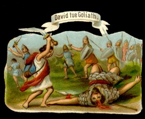 David und Goliath: David tötet Goliath mit seinem Schwert. Chromolithographie aus dem 19. Jahrhundert