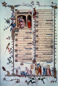 David wird von Saul bedroht. Allegorie der Gier. Sakrament der Kommunion. Allegorie der Nächstenliebe. Miniatur aus dem Psalter „Breviaire de Belleville“