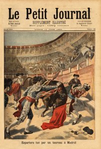 Tod des spanischen Matadors Manuel Garcia genannt Espartero (1865-1894), in den Arenen von Madrid, durch einen Stoß des Stiers. Gravur in „Le petit journal“ 2/07/1894. Sammlung Selva.