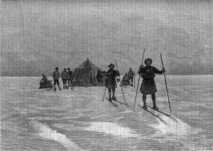 Abreise der Lappen auf das grönländische Eisschild. Gravur im Journal „La jeunesse“