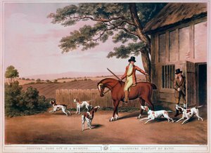 Aufbruch zur Jagd am frühen Morgen eines Jägers und seiner Hunde in England. Gravur des 19. Jahrhunderts. Gien, Jagdmuseum von Unknown artist