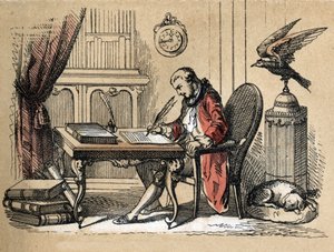 Beschreibung der verschiedenen Produkte und Verwendungen von Papier: Porträt von Georges Louis Leclerc, Graf von Buffon, Naturforscher und Schriftsteller (1707-1788), der seine Naturgeschichte schreibt. Tafel „Das Papier und seine Produkte“ in „Die lehrrei